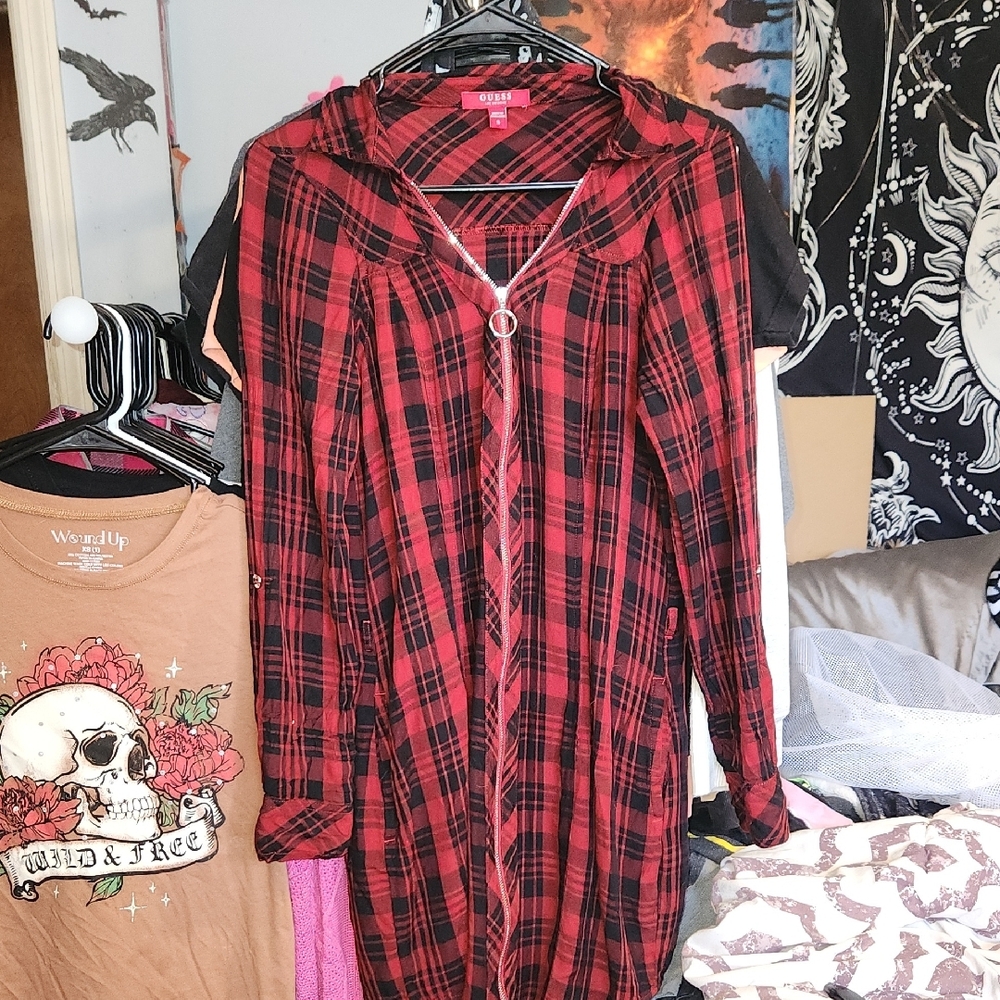 Guess Red and Black Plaid Long Sleeve Dress